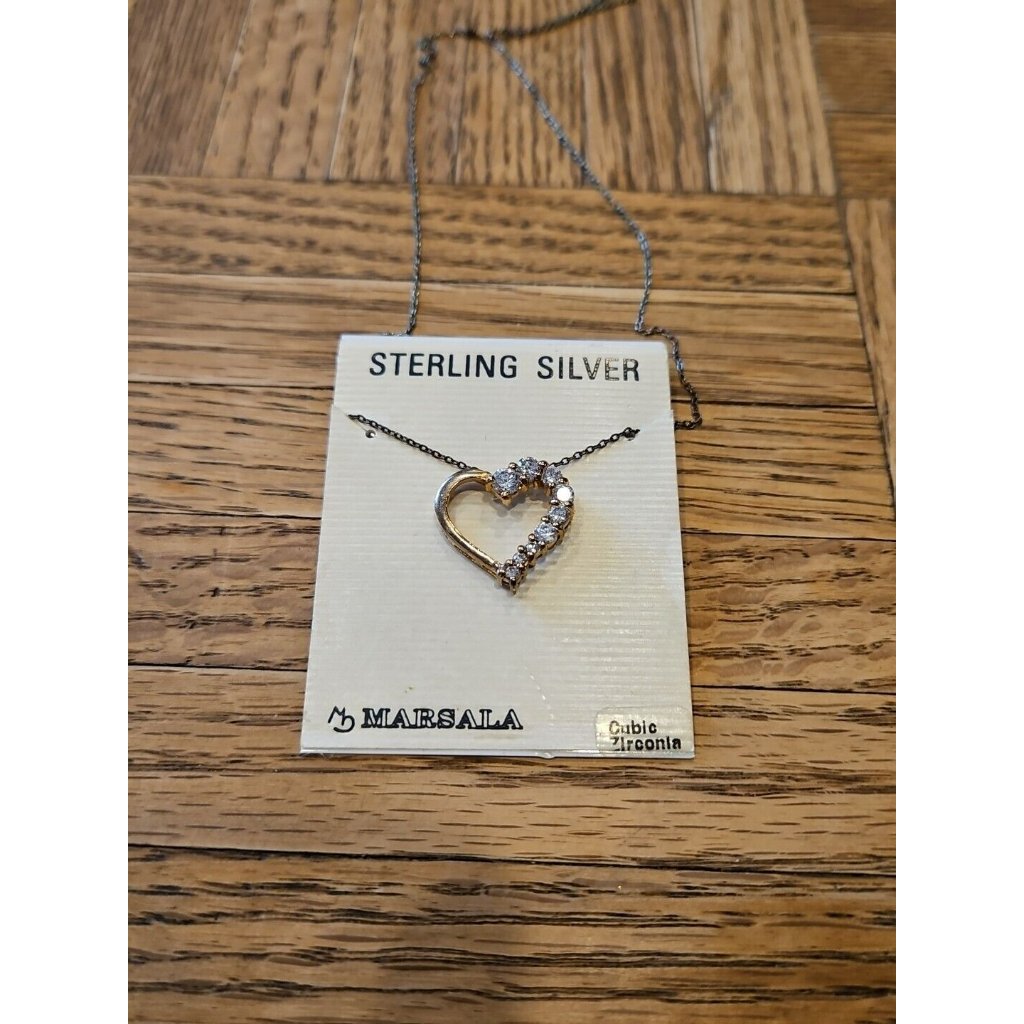 Vintage Sterling Silver/Cubic Zirconia Heart/Half Gem W/17'' Chain Necklace